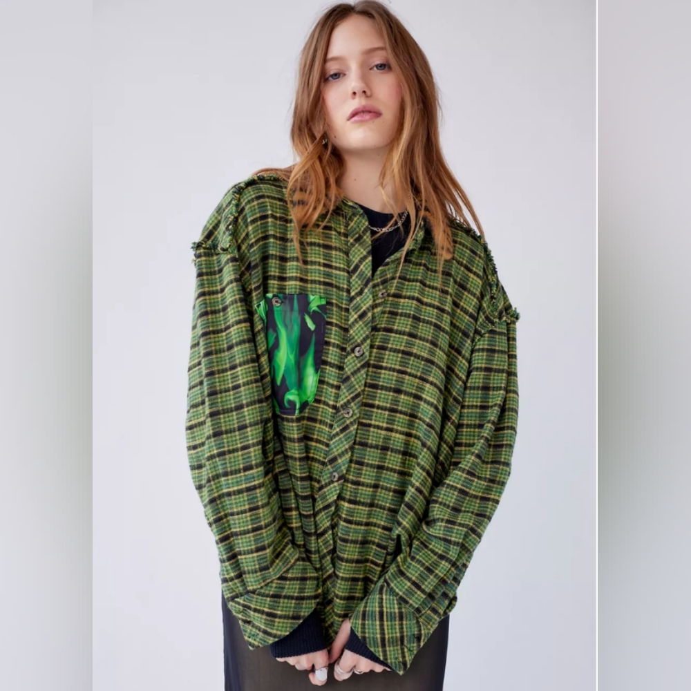 BDG Meadow Faux Fur Collar Distressed Button-Down Shirt